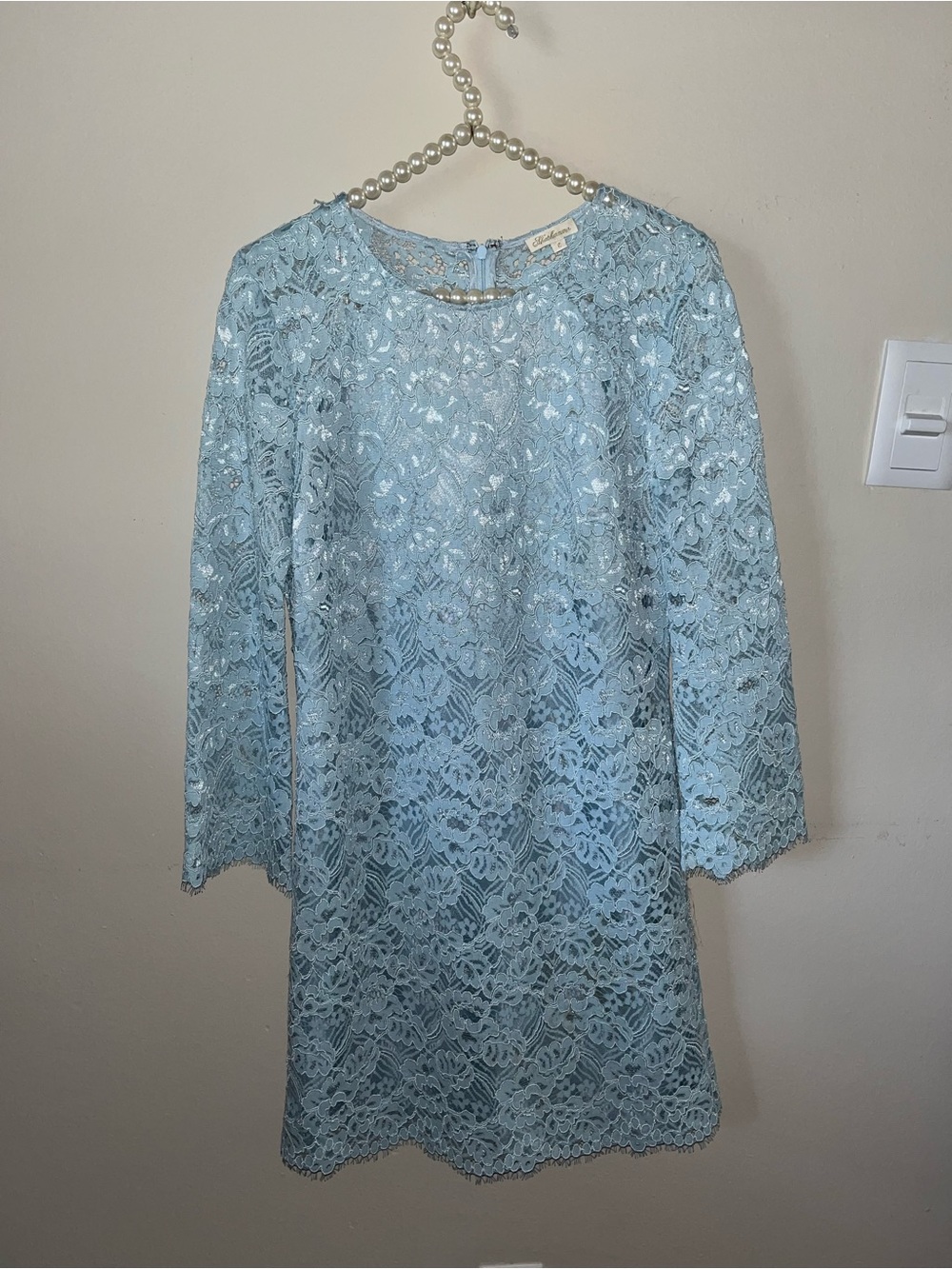 Shoshanna Powder Blue Bell Sleeve Lace Overlay Shift Mini Dress Size 6